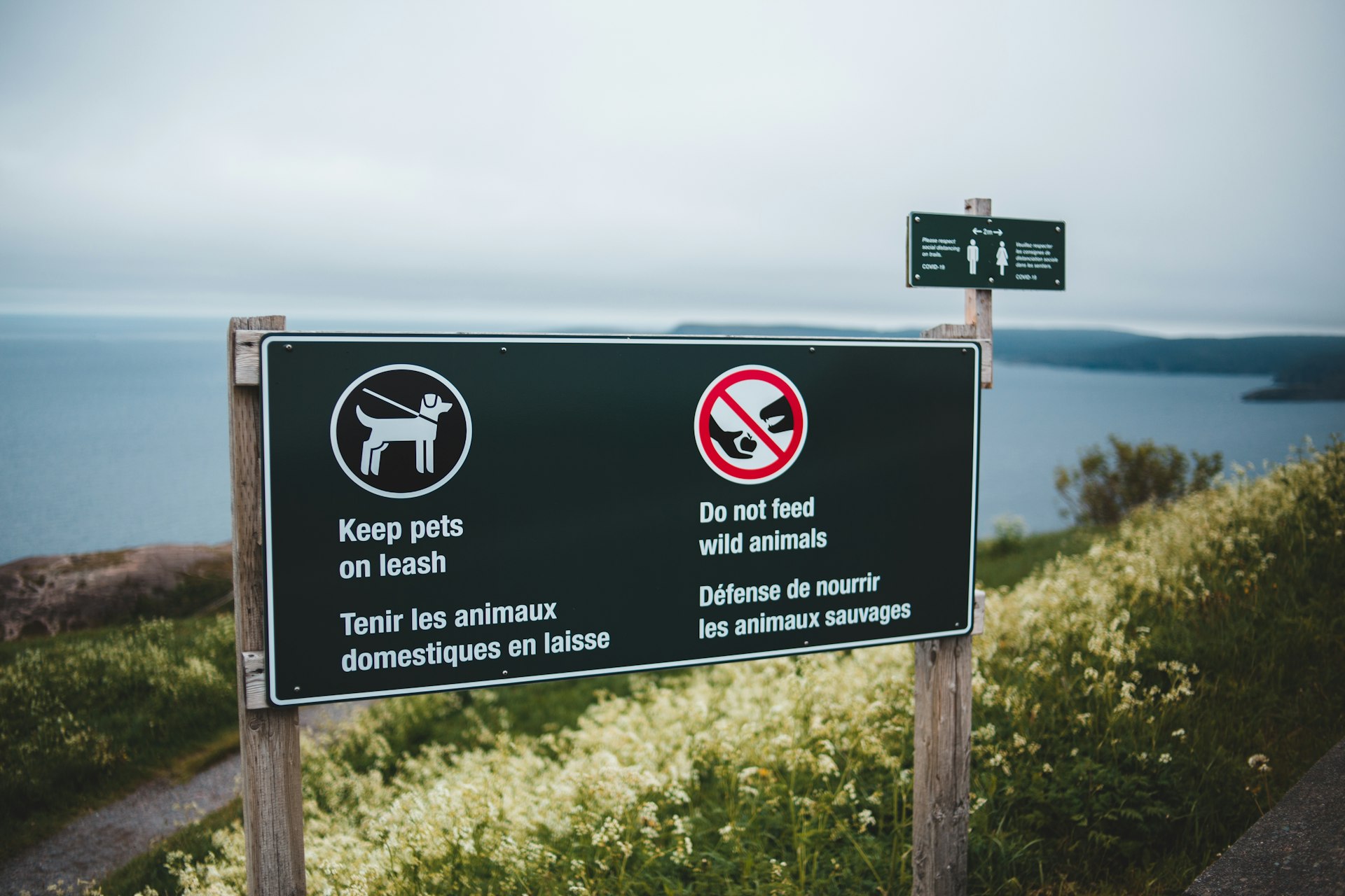 a sign on the side of a road near a body of water